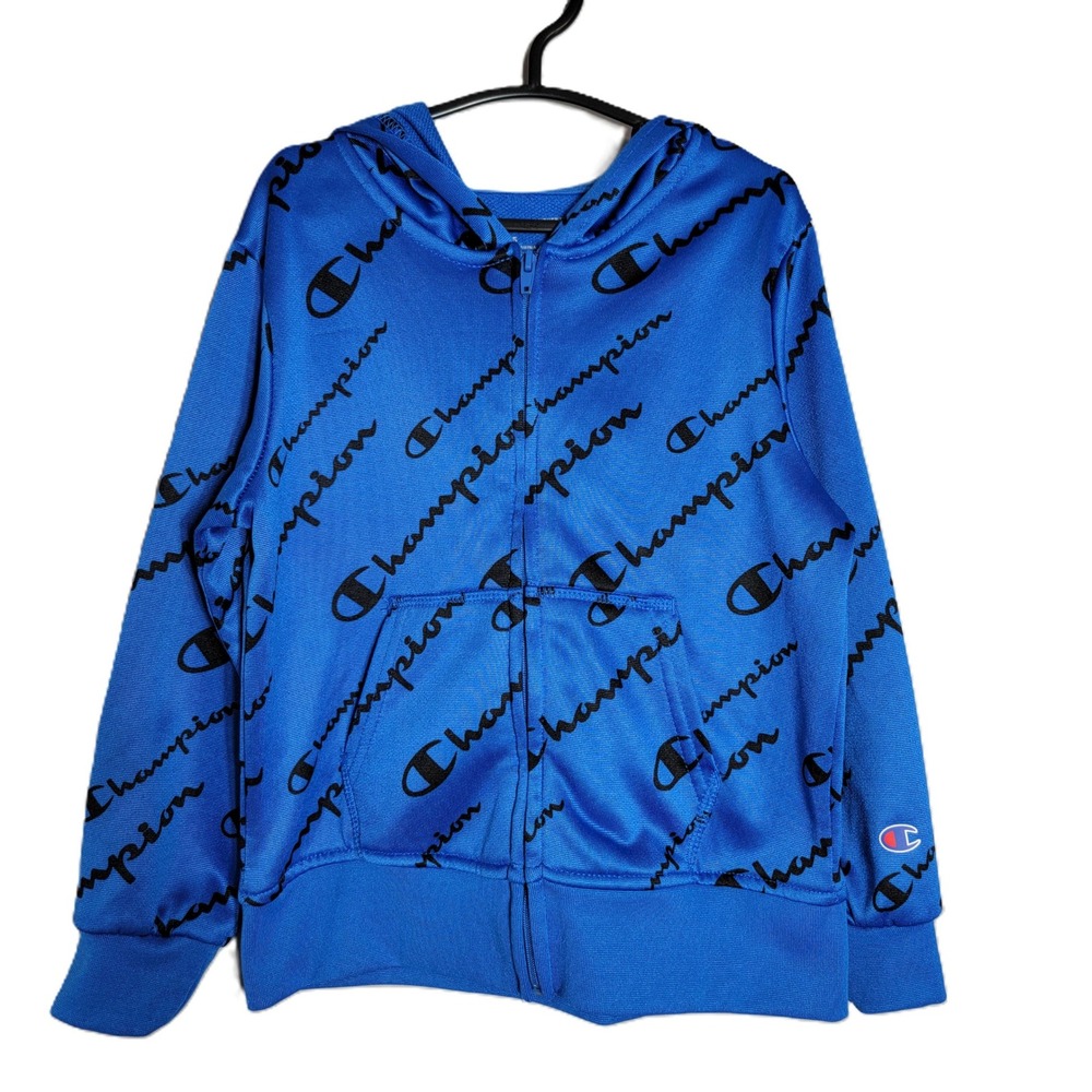 Champion Kids Blue All Over Script Logo Full Zip Hoodie Sweatshirt Size 5 Boys